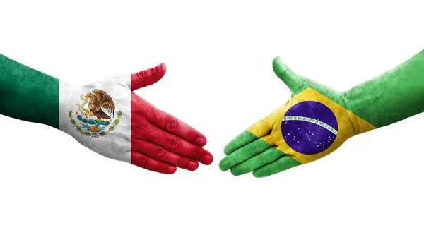 Händedruck Zwischen Brasilianischen Und Mexikanischen Flaggen Auf Hände Gemalt Isoliertes — Stockfoto