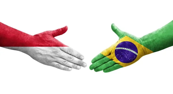 Apretón Manos Entre Brasil Mónaco Banderas Pintadas Las Manos Imagen — Foto de Stock