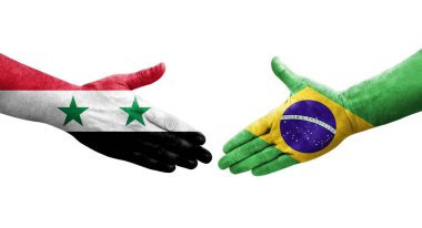 Brezilya ve Suriye bayrakları arasında el sıkışma, izole şeffaf görüntü.