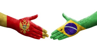 Brezilya ve Karadağ bayrakları arasında el sıkışma, izole şeffaf görüntü.