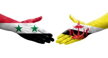 Brunei ve Suriye bayrakları arasındaki el sıkışma, izole şeffaf görüntü.