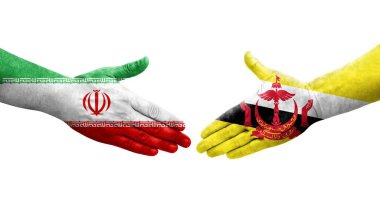 Brunei ve İran bayrakları arasındaki el sıkışma, izole şeffaf görüntü.