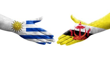 Brunei ve Uruguay bayrakları arasındaki tokalaşma elleri boyalı, izole şeffaf görüntü.