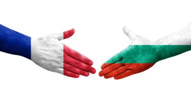 Bulgaristan ile Fransa arasındaki el sıkışma, elde boyanmış bayraklar, izole edilmiş şeffaf görüntü.
