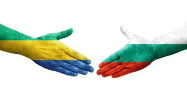 Bulgaristan ile Gabon bayrakları arasındaki el sıkışma, izole şeffaf görüntü.