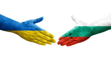 Bulgaristan ile Ukrayna bayrakları arasındaki el sıkışma, izole edilmiş şeffaf görüntü.
