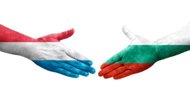 Bulgaristan ile Lüksemburg bayrakları arasındaki el sıkışma, izole şeffaf görüntü.