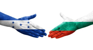 Bulgaristan ile Honduras bayrakları arasındaki el sıkışma, izole edilmiş şeffaf görüntü.