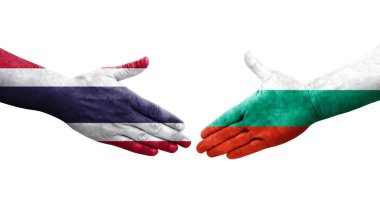 Bulgaristan ile Tayland bayrakları arasındaki el sıkışma, izole edilmiş şeffaf görüntü.