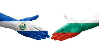 Bulgaristan ile El Salvador bayrakları arasındaki el sıkışma, izole şeffaf görüntü.