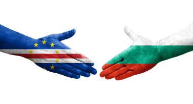 Bulgaristan ile Cape Verde bayrakları arasındaki el sıkışma, izole şeffaf görüntü.