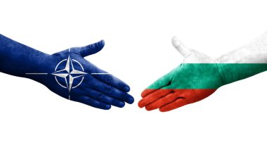 Bulgaristan ile Nato bayrakları arasındaki el sıkışma, izole edilmiş şeffaf görüntü.