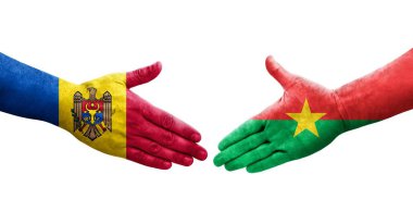 Ellerinde Burkina Faso ve Moldova bayrakları arasında el sıkışma, izole şeffaf görüntü.