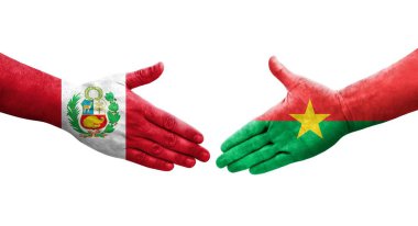 Ellerinde Burkina Faso ve Peru bayrakları arasında el sıkışma, izole şeffaf görüntü.