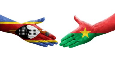 Ellerinde Burkina Faso ve Eswatini bayrakları arasında el sıkışma, izole şeffaf görüntü.