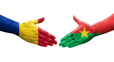 Burkina Faso ile Romanya bayrakları arasındaki el sıkışma, izole şeffaf görüntü.