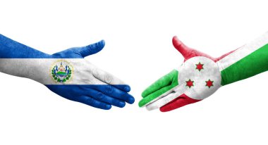 Burundi ve El Salvador bayrakları arasındaki el sıkışma ellerinde izole şeffaf görüntü.