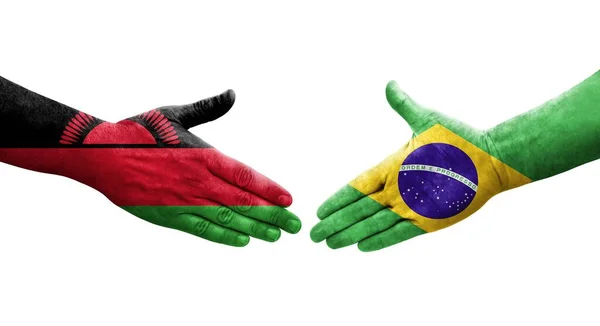 Aperto Mão Entre Brasil Bandeiras Malawi Pintadas Mãos Imagem Transparente — Fotografia de Stock