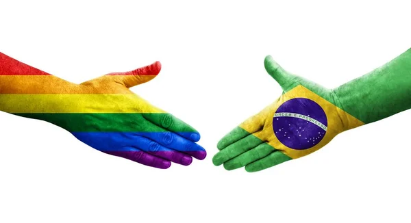Handslag Mellan Brasilien Och Hbt Flaggor Målade Händer Isolerad Transparent — Stockfoto