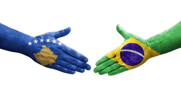 Poignée Main Entre Brésil Kosovo Drapeaux Peints Sur Les Mains — Photo