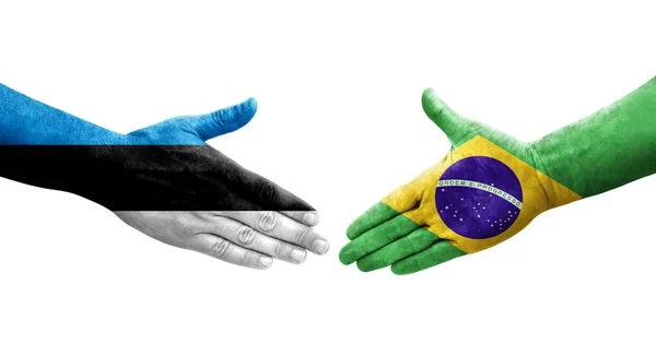 Handdruk Tussen Brazilië Estland Vlaggen Geschilderd Handen Geïsoleerd Transparant Beeld — Stockfoto