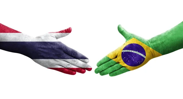 Apretón Manos Entre Brasil Tailandia Banderas Pintadas Las Manos Imagen — Foto de Stock