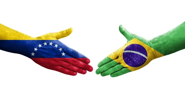 巴西和委内瑞拉之间握手 手绘国旗 孤立透明的形象 — 图库照片