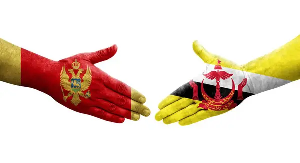 Handdruk Tussen Brunei Montenegro Vlaggen Geschilderd Handen Geïsoleerd Transparant Beeld — Stockfoto