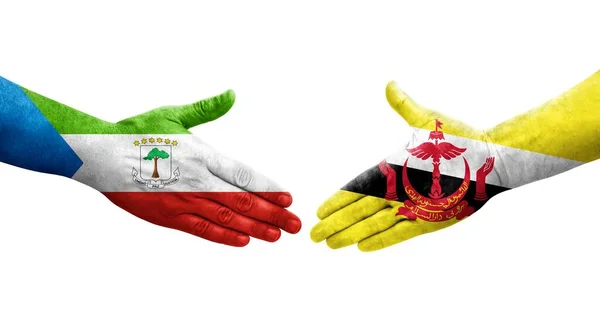 Рукопожатие Между Флагом Брунея Экваториальной Гвинеи Нарисованное Руках Изолированное Прозрачное — стоковое фото