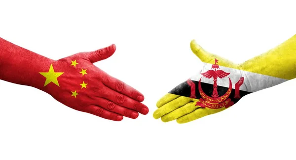 Handdruk Tussen Brunei China Vlaggen Geschilderd Handen Geïsoleerde Transparante Afbeelding — Stockfoto