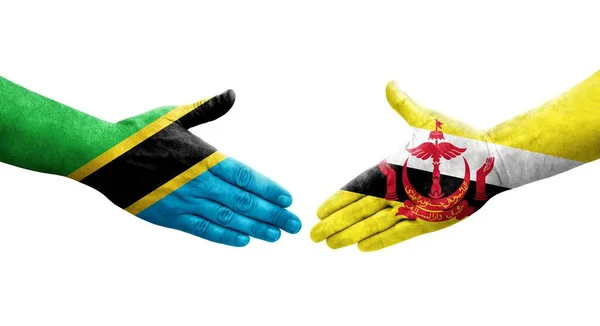 Aperto Mão Entre Bandeiras Brunei Tanzânia Pintadas Mãos Imagem Transparente — Fotografia de Stock