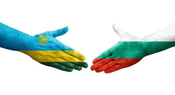 Apretón Manos Entre Bulgaria Ruanda Banderas Pintadas Las Manos Imagen — Foto de Stock
