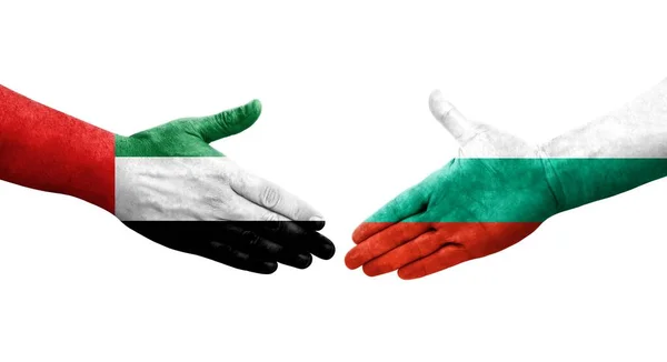 Рукопожатие Между Флагом Болгарии Оаэ Нарисованное Руках Изолированное Прозрачное Изображение — стоковое фото