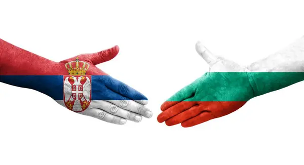Aperto Mão Entre Bulgária Sérvia Bandeiras Pintadas Mãos Imagem Transparente — Fotografia de Stock