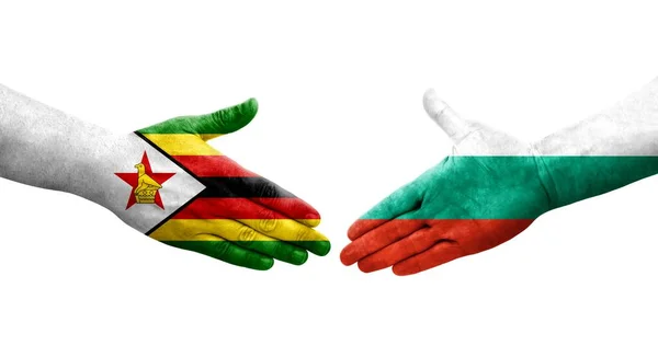 Stretta Mano Tra Bulgaria Zimbabwe Bandiere Dipinte Mani Isolata Immagine — Foto Stock
