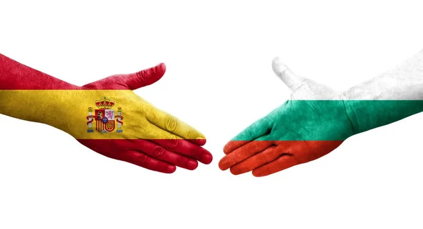 불가리아와 스페인의 깃발을 손으로 만지작 이미지를 불가리아와 스페인 사이의 — 스톡 사진