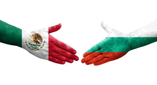 Uścisk Dłoni Między Bułgarią Meksykiem Flagi Malowane Rękach Odizolowany Przezroczysty — Zdjęcie stockowe