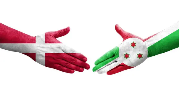 Apretón Manos Entre Burundi Dinamarca Banderas Pintadas Las Manos Imagen —  Fotos de Stock