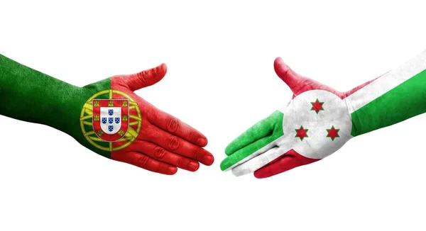 Handdruk Tussen Burundi Portugal Vlaggen Handen Geschilderd Geïsoleerd Transparant Beeld — Stockfoto