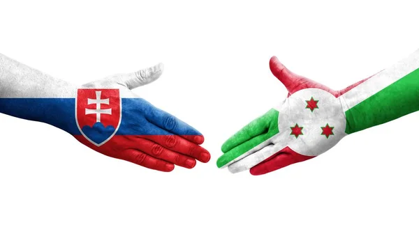 stock image Handshake between Burundi and Slovakia flags painted on hands, isolated transparent image.