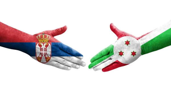 Рукостискання Між Бурунді Сербськими Прапорами Намальоване Руках Ізольоване Прозоре Зображення — стокове фото