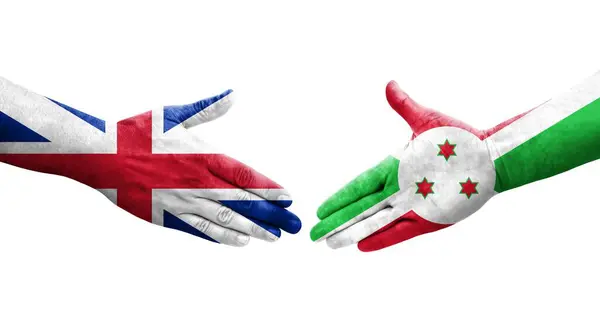 Handdruk Tussen Burundi Groot Brittannië Vlaggen Geschilderd Handen Geïsoleerd Transparant — Stockfoto