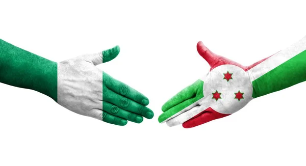 Handshake Entre Burundi Nigéria Bandeiras Pintadas Mãos Imagem Transparente Isolada — Fotografia de Stock