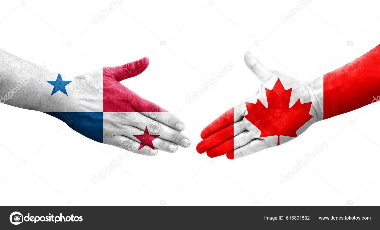 Apretón Manos Entre Canadá Panamá Banderas Pintadas Las Manos Imagen — Foto  editorial de stock #616891532 ©Prehistorik, image size:1600x970