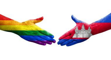 Kamboçya ve LGBT bayrakları arasında el sıkışma, izole şeffaf görüntü.