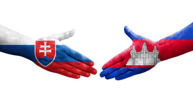 Kamboçya ve Slovakya bayrakları arasında el sıkışma, izole şeffaf görüntü.