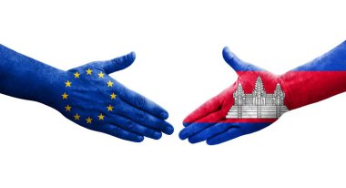 Kamboçya ile Avrupa Birliği bayrakları arasındaki el sıkışma, izole şeffaf görüntü.