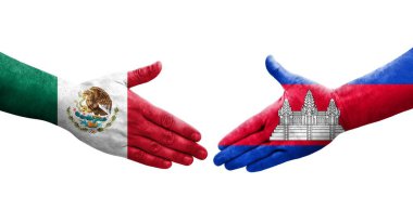 Kamboçya ve Meksika bayrakları arasında el sıkışma, izole şeffaf görüntü.