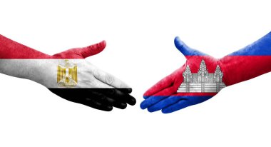 Kamboçya ve Mısır bayrakları arasında el sıkışma, izole edilmiş şeffaf görüntü.
