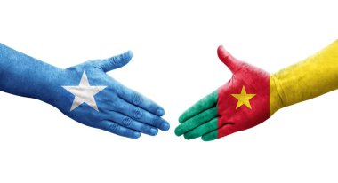 Kamerun ve Somali bayrakları arasındaki el sıkışma ellerinde resmedilmiş şeffaf görüntü.